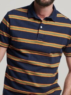 Superdry Navy Polo with Orange & Olive Stripes Men's L
